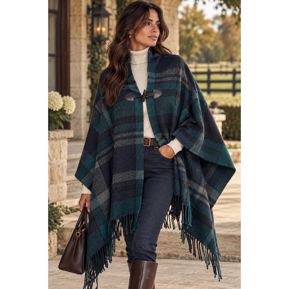Teal Navy Plaid Toggle Wrap Shawl Fringe Trim Oversized Poncho Cape